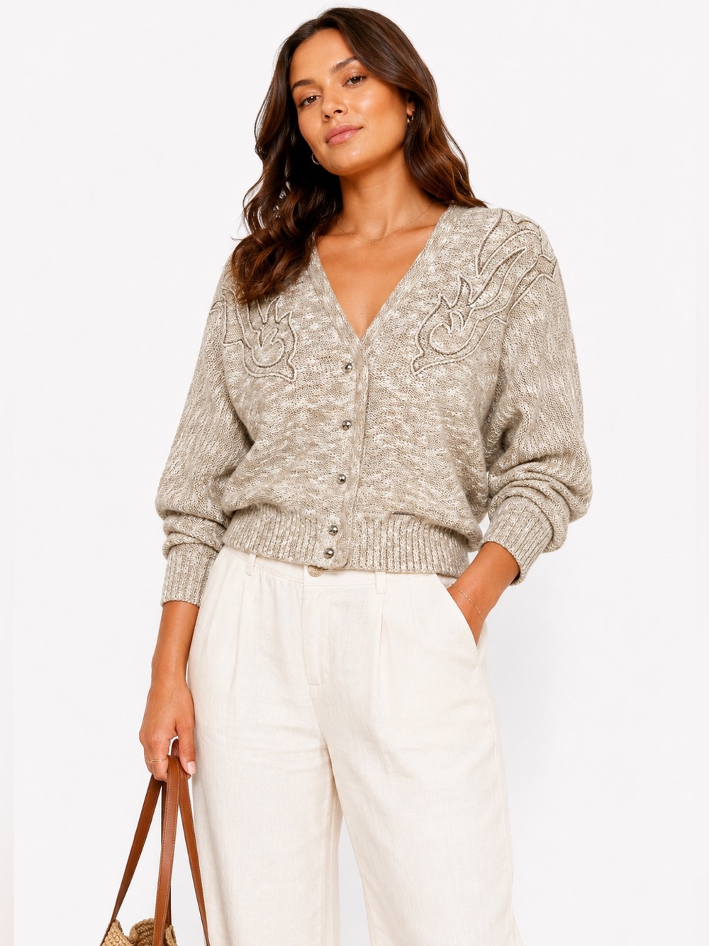 Vintage Geiger‎ Austria Cotton Linen Wool Embroidered Knit Cardigan L
